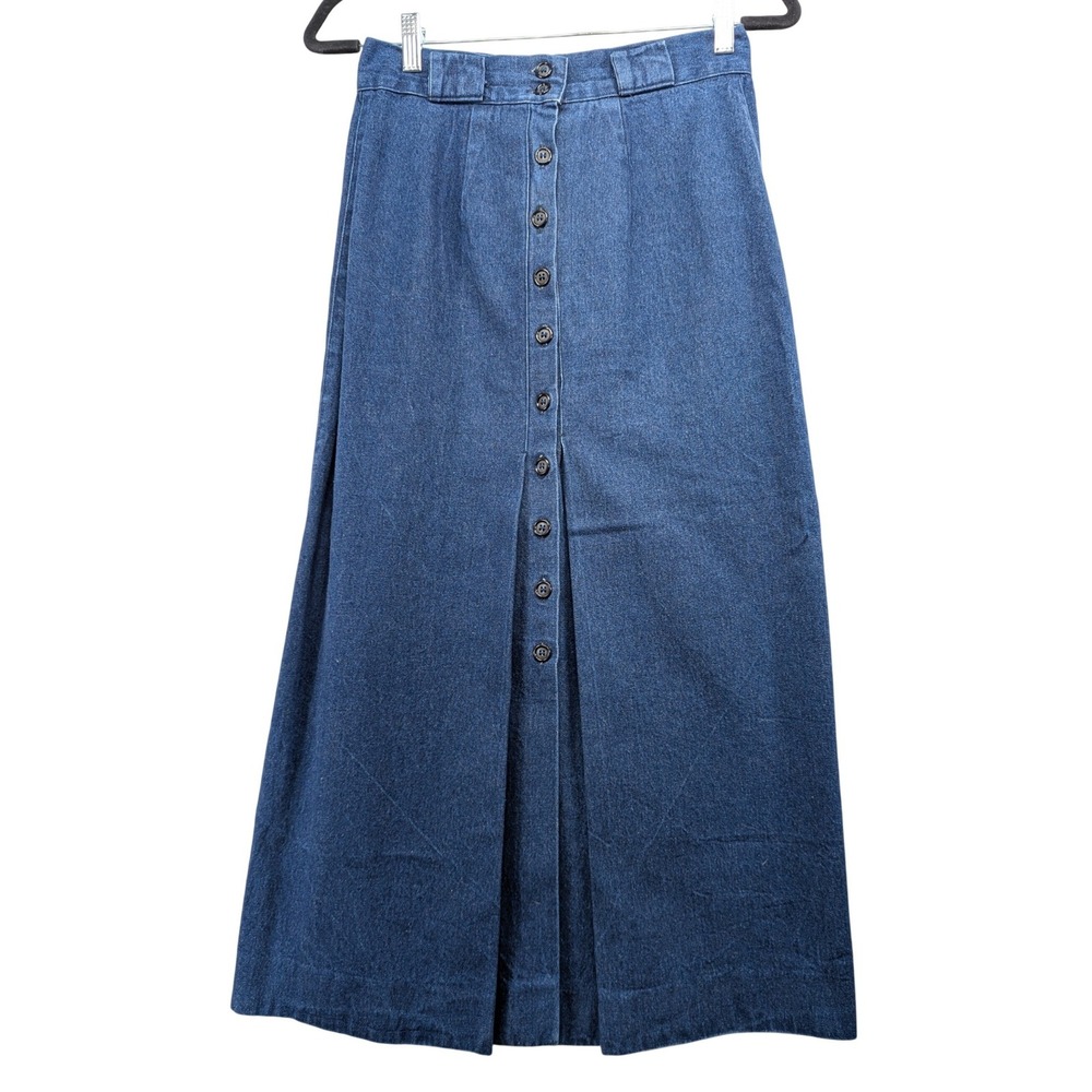 Vintage Chatts Island Denim Maxi Skirt Button Front Pleated‎ Blue Made in USA 8